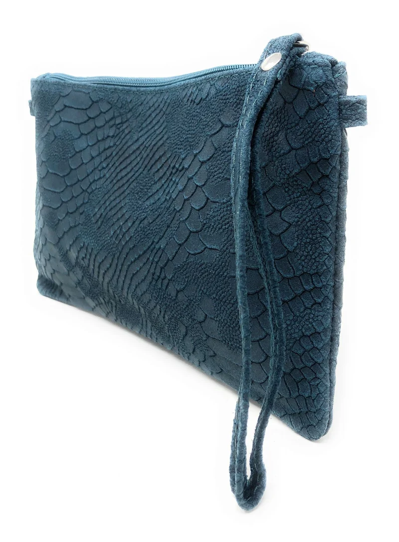 Sac pochette en cuir effet serpent DUNDEE Bleu vert canard