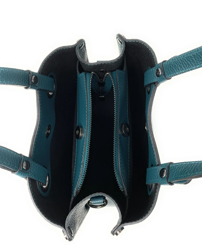 Sac à main en cuir grainé italien GENÈVE Bleu vert canard