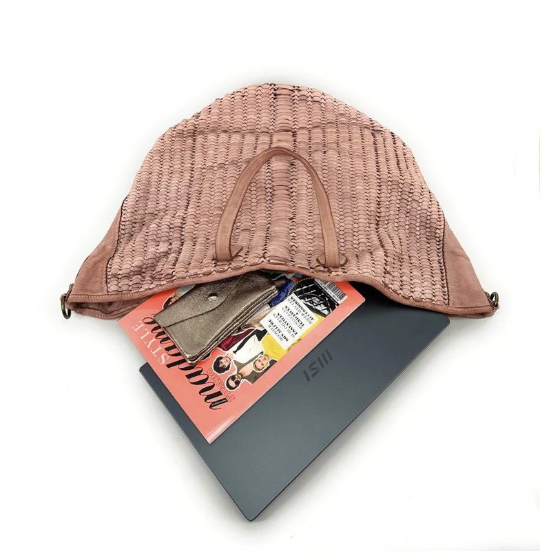 Sac cabas en cuir tressé vintage MISS SELAH Rose nude