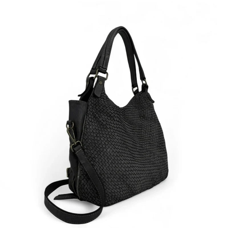 Sac à main en cuir vintage tressé BRISBANE Noir
