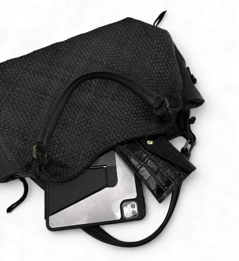 Sac à main en cuir vintage tressé BRISBANE Noir