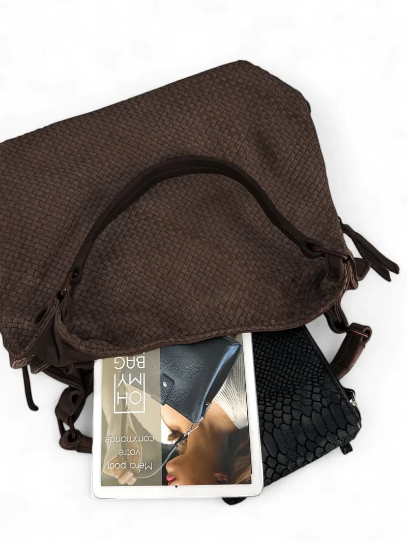 Sac à main en cuir vintage tressé BRISBANE Chocolat