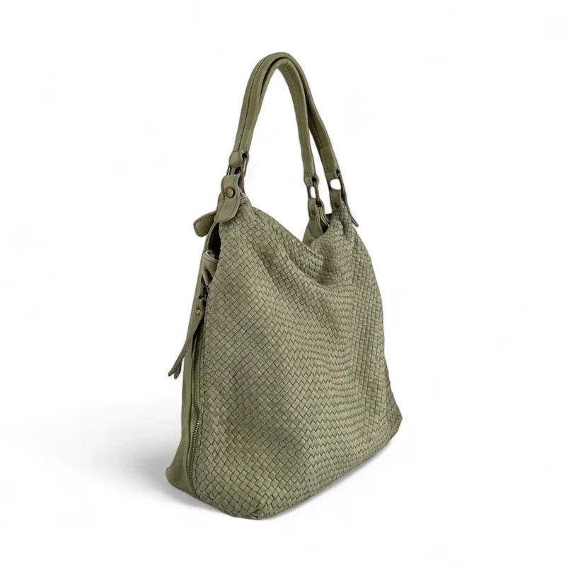 Sac à main en cuir vintage tressé BRISBANE Kaki clair
