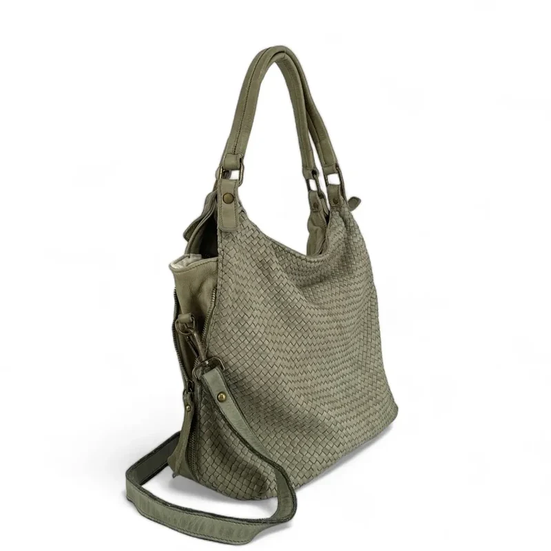 Sac à main en cuir vintage tressé BRISBANE Kaki clair