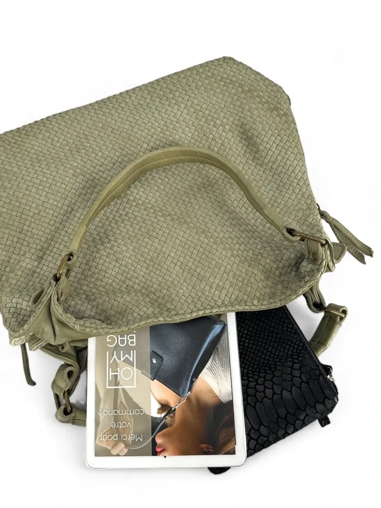 Sac à main en cuir vintage tressé BRISBANE Kaki clair