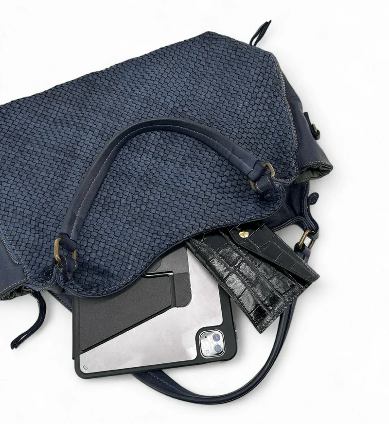Sac à main en cuir vintage tressé BRISBANE Bleu marine