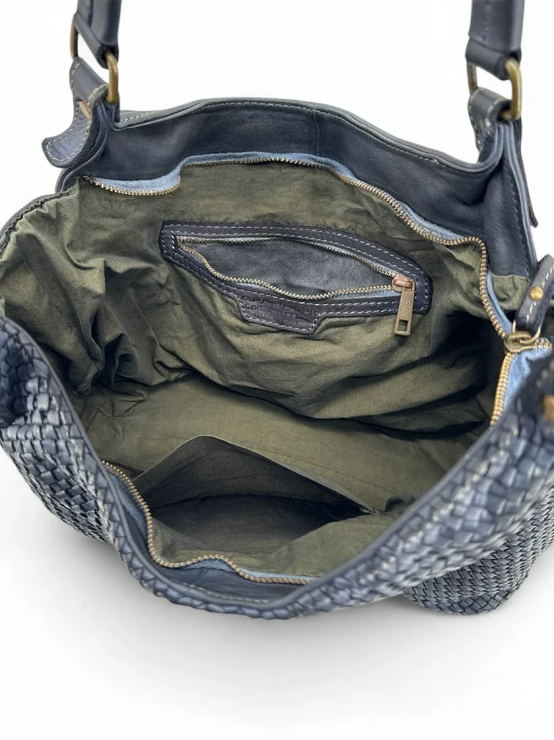Sac à main en cuir vintage tressé BRISBANE Bleu marine