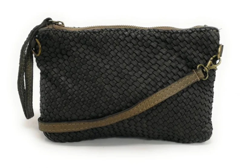 Sac pochette en cuir tressé ALMA Kaki