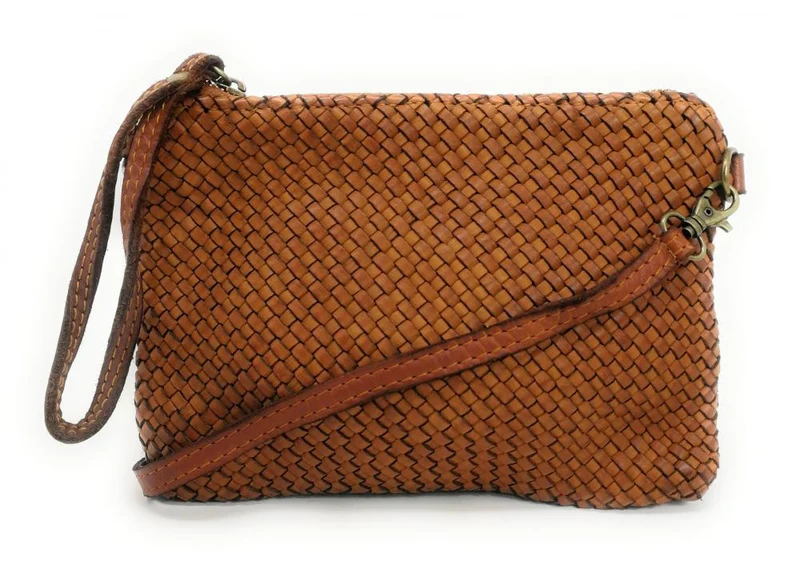 Sac pochette en cuir tressé ALMA Cognac