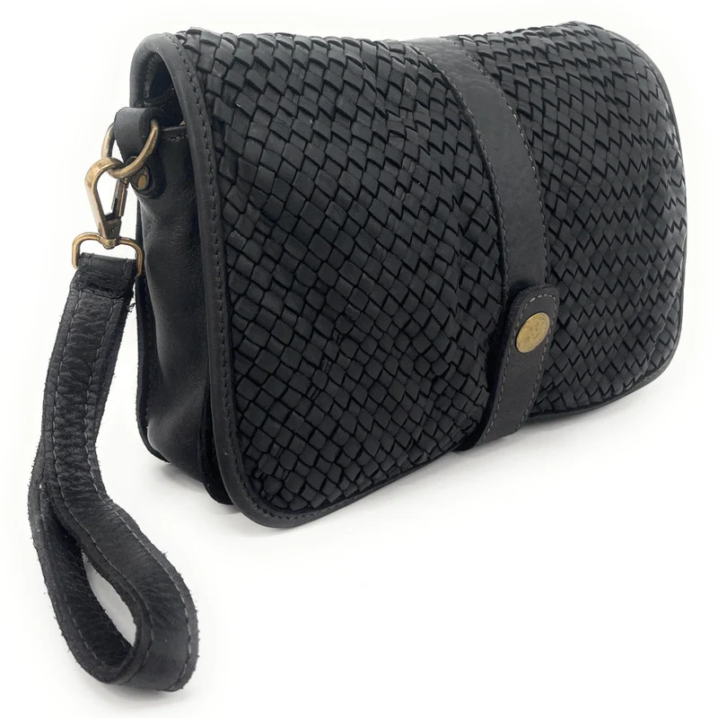 Sac besace à bandoulière en cuir tressé SHANNA Noir