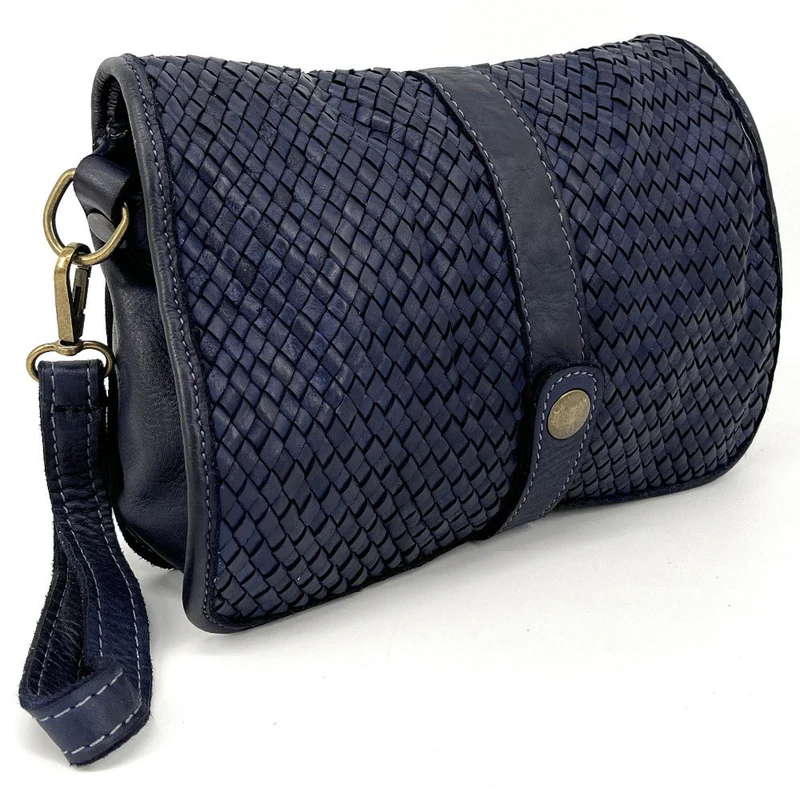 Sac besace à bandoulière en cuir tressé SHANNA Bleu profond