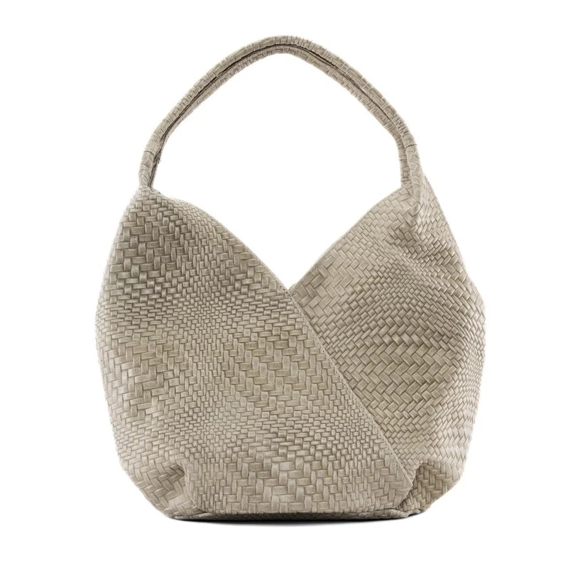 Sac HOBO en cuir embossé tressage MANDALAY Taupe clair