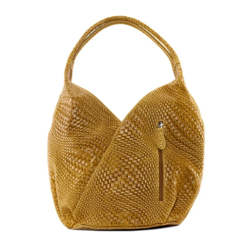 Sac HOBO en cuir embossé tressage MANDALAY Camel