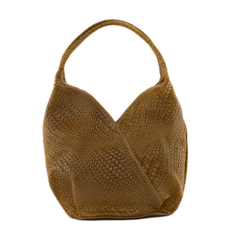 Sac HOBO en cuir embossé tressage MANDALAY Camel
