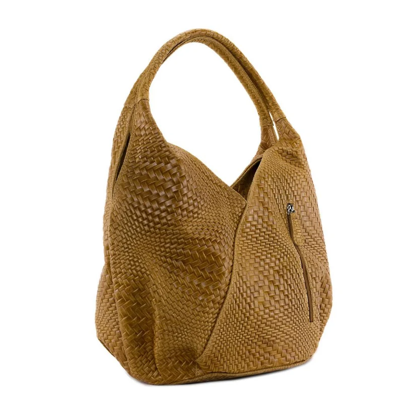 Sac HOBO en cuir embossé tressage MANDALAY Camel
