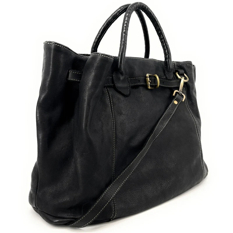Grand sac cabas en cuir souple tannage végétal DEMETER Noir