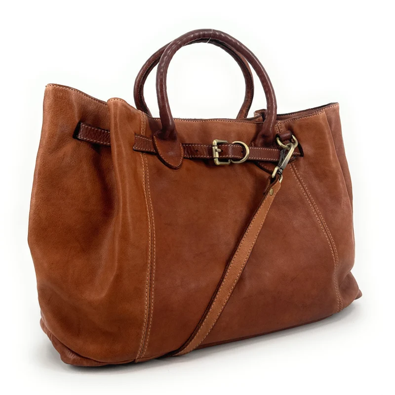 Grand sac cabas en cuir souple tannage végétal DEMETER Marron camel foncé