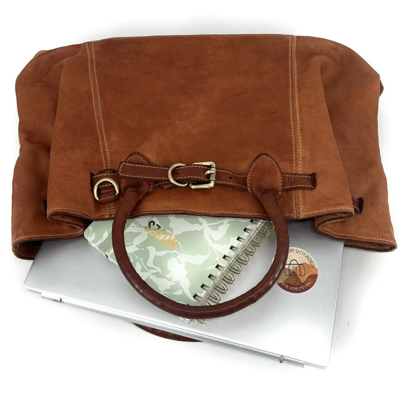 Grand sac cabas en cuir souple tannage végétal DEMETER Marron camel foncé