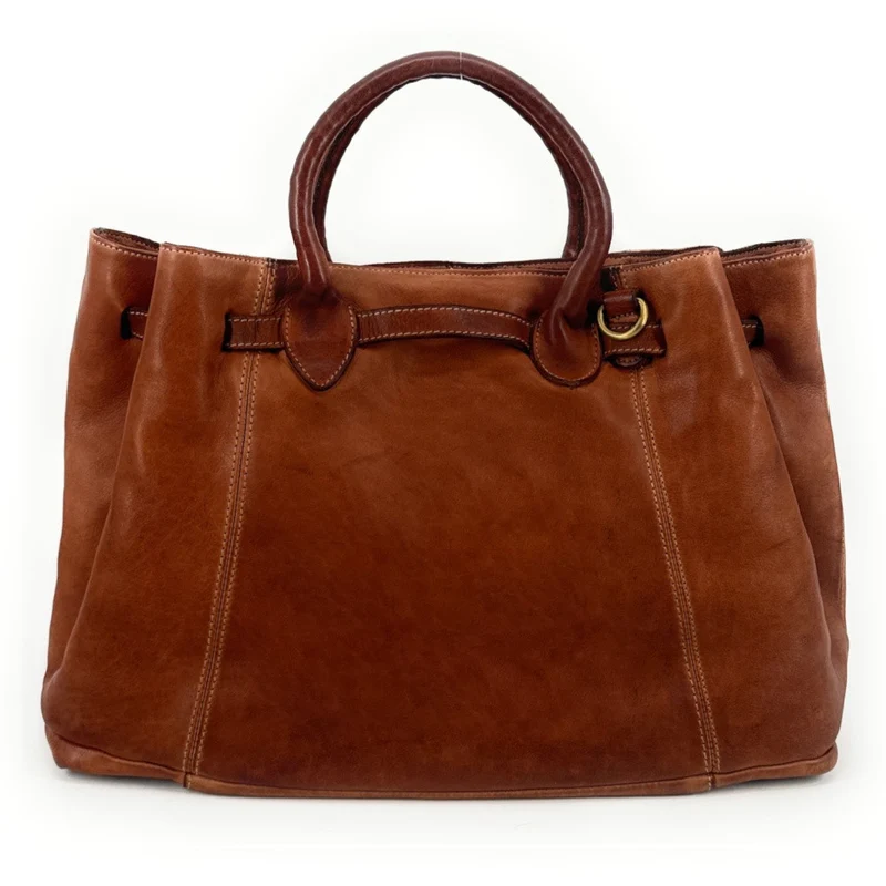 Grand sac cabas en cuir souple tannage végétal DEMETER Marron camel foncé
