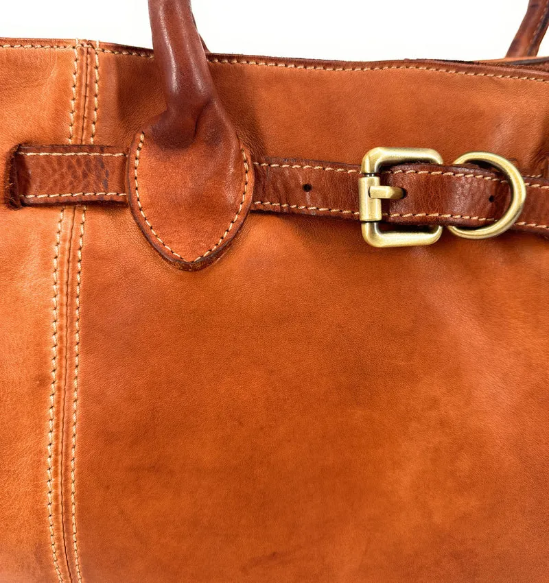 Grand sac cabas en cuir souple tannage végétal DEMETER Marron camel foncé