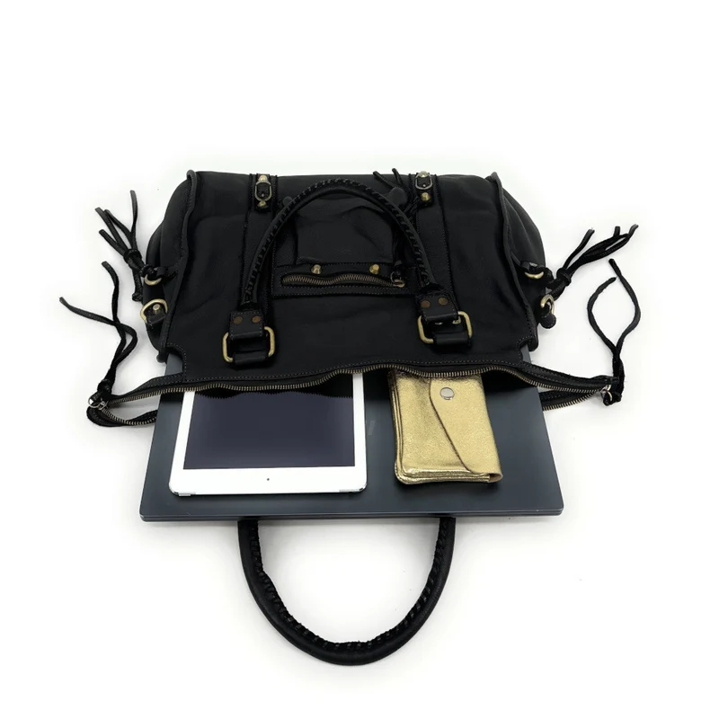 Grand sac en cuir souple tannage végétal STORM XL HURRICAN Noir