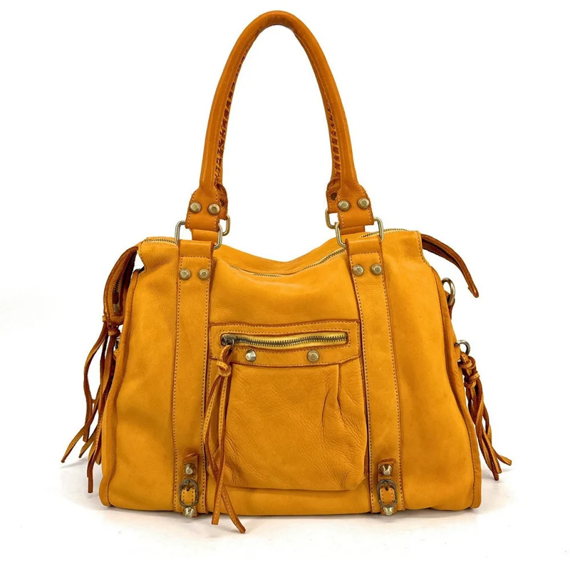 Grand sac porté épaule en cuir souple tannage végétal STORM XL HURRICAN Jaune Moutarde