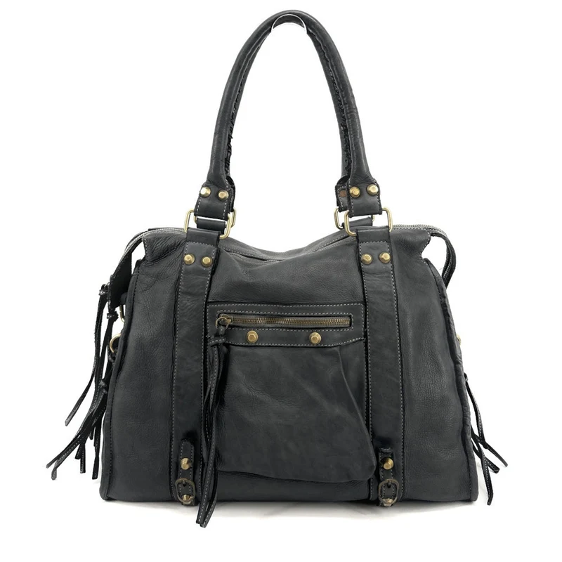 Grand sac porté épaule en cuir souple tannage végétal STORM XL HURRICAN Gris foncé
