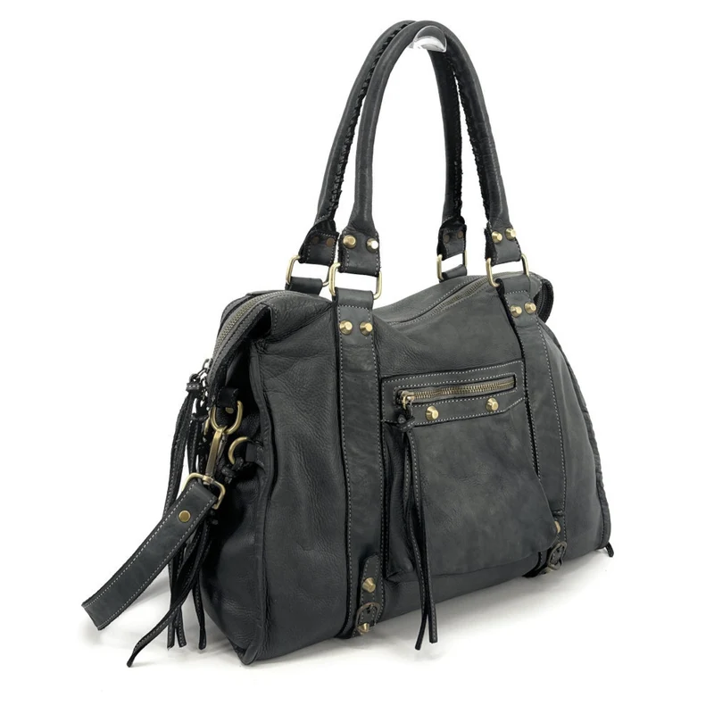Grand sac porté épaule en cuir souple tannage végétal STORM XL HURRICAN Gris foncé