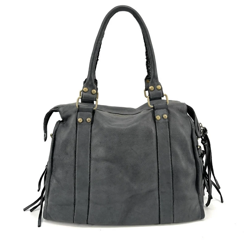 Grand sac porté épaule en cuir souple tannage végétal STORM XL HURRICAN Gris foncé
