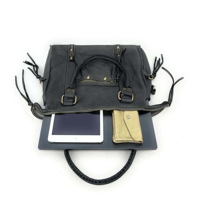 Grand sac porté épaule en cuir souple tannage végétal STORM XL HURRICAN Gris foncé