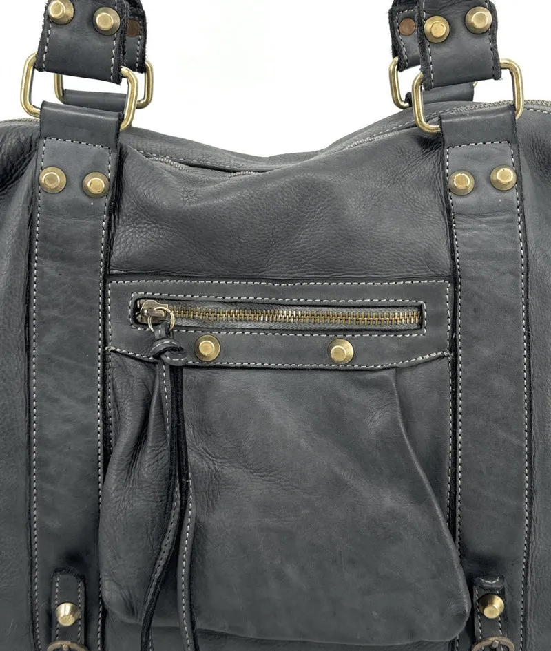 Grand sac porté épaule en cuir souple tannage végétal STORM XL HURRICAN Gris foncé