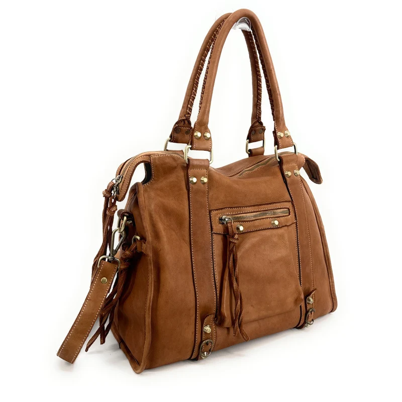 Grand sac porté épaule en cuir souple tannage végétal STORM XL HURRICAN Camel