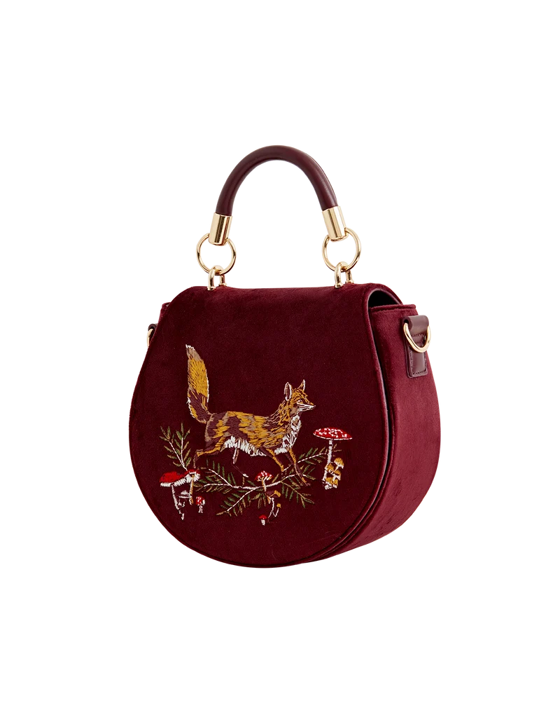 Fox & Mushroom Embroidered Saddle Bag - Redcurrant Velvet