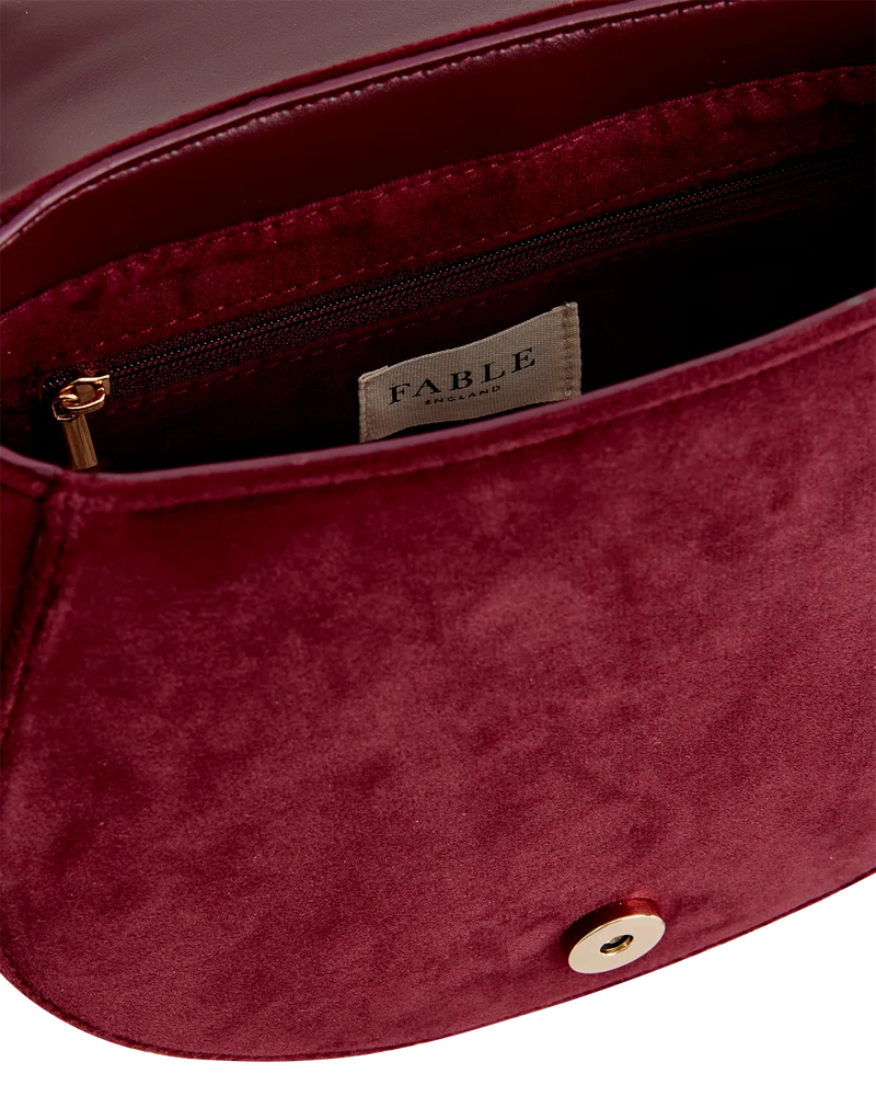 Fox & Mushroom Embroidered Saddle Bag - Redcurrant Velvet