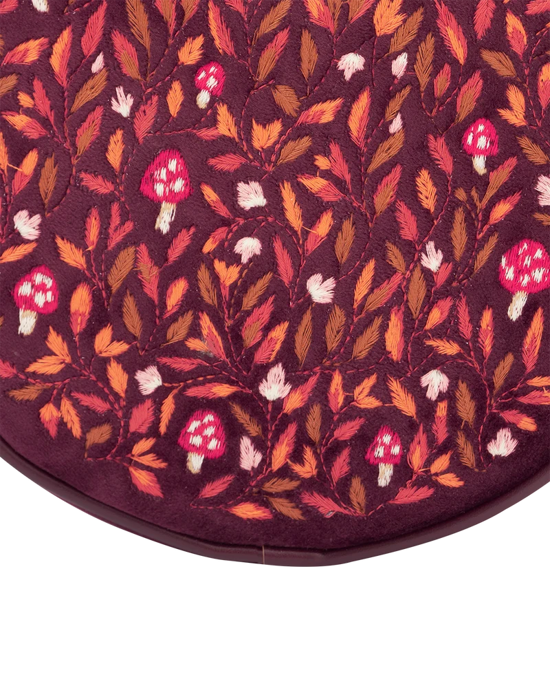Magical Mushroom Embroidered Burgundy Velvet Circle Bag