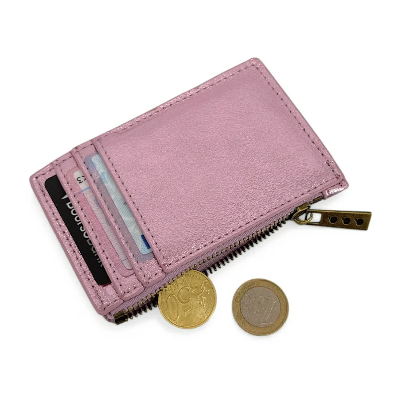 Porte-monnaie porte-cartes en cuir irisé EKKO Rose pâle