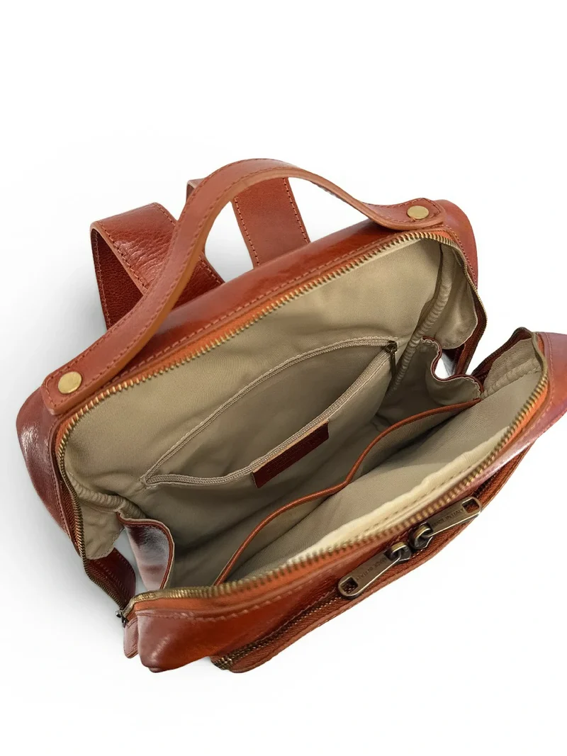 Sac à dos en cuir lisse OSLO Marron cognac foncé