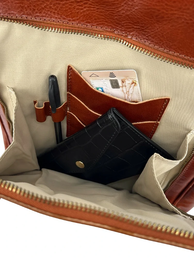 Sac à dos en cuir lisse OSLO Marron cognac foncé