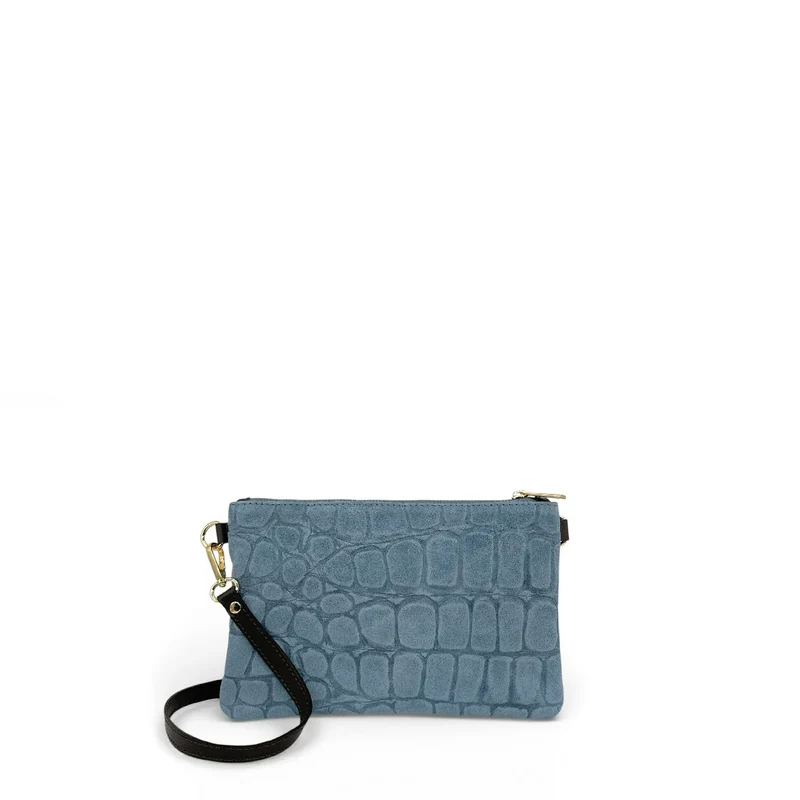 Sac pochette en daim embossé crocodile ZELINE Bleu denim