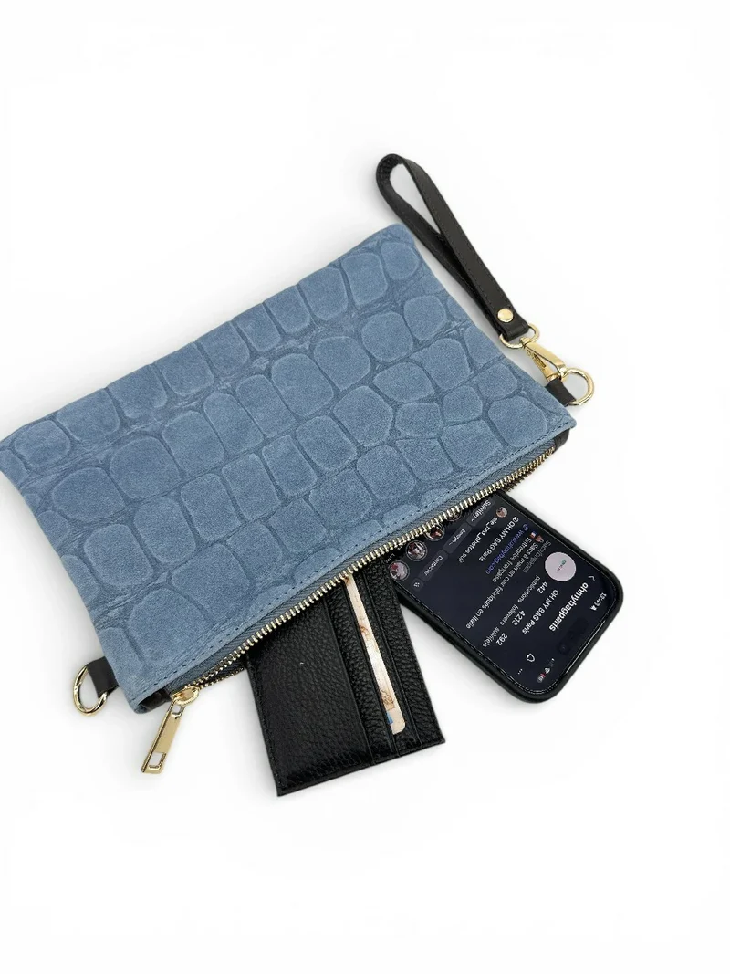 Sac pochette en daim embossé crocodile ZELINE Bleu denim