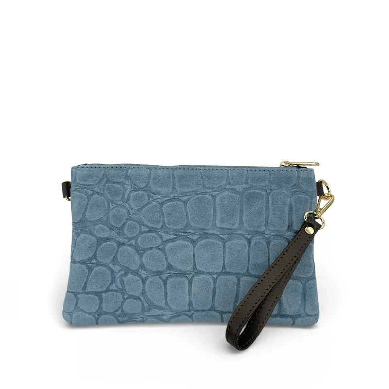 Sac pochette en daim embossé crocodile ZELINE Bleu denim