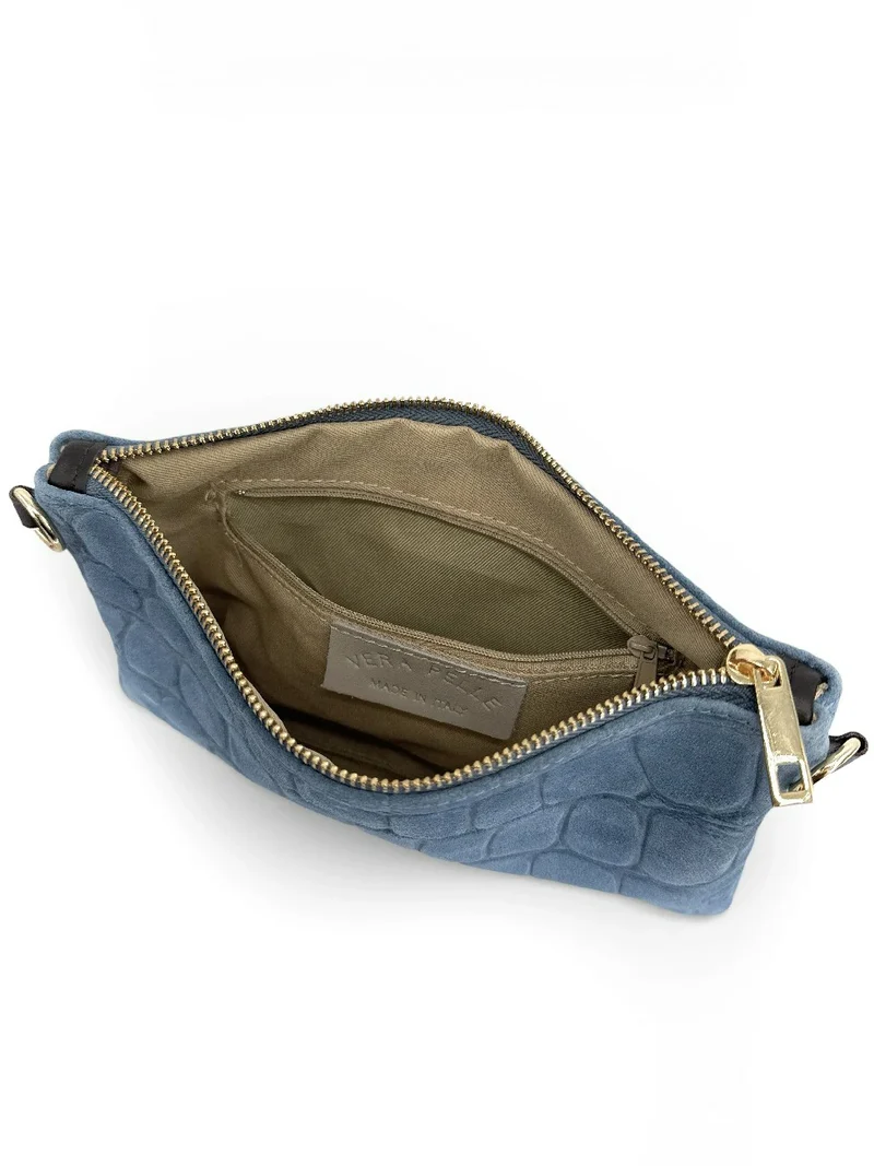Sac pochette en daim embossé crocodile ZELINE Bleu denim