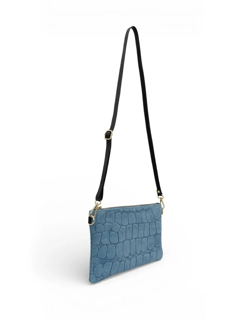 Sac pochette en daim embossé crocodile ZELINE Bleu denim