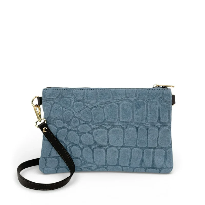 Sac pochette en daim embossé crocodile ZELINE Bleu denim