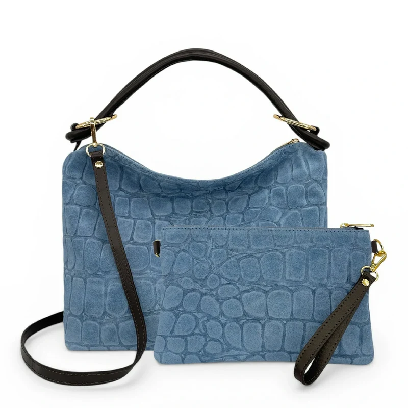 Sac pochette en daim embossé crocodile ZELINE Bleu denim