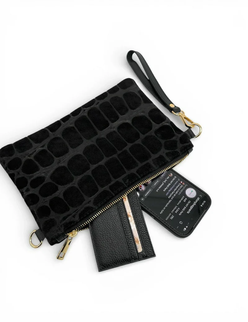 Sac pochette en daim embossé crocodile ZELINE Noir