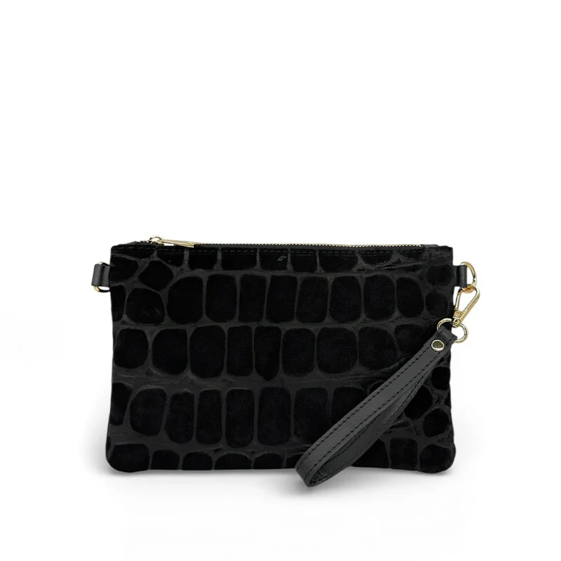 Sac pochette en daim embossé crocodile ZELINE Noir