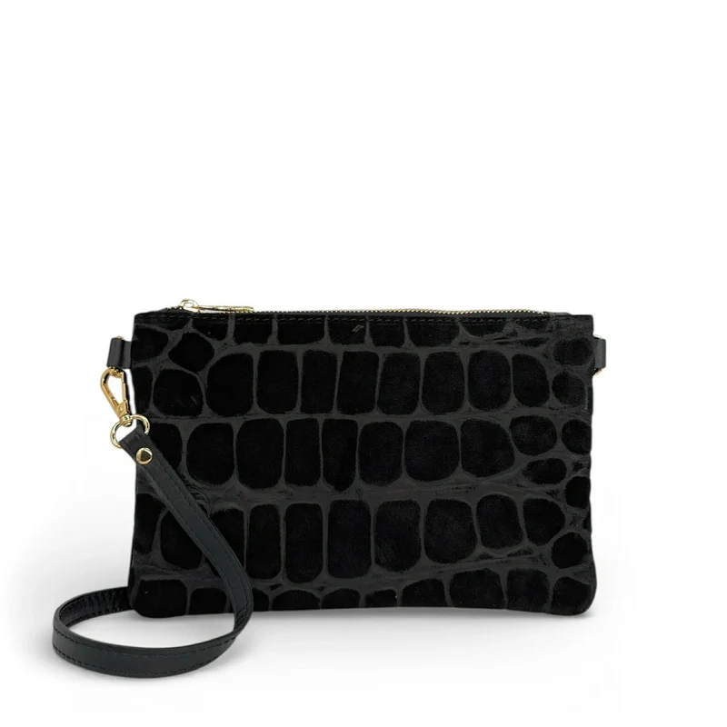 Sac pochette en daim embossé crocodile ZELINE Noir
