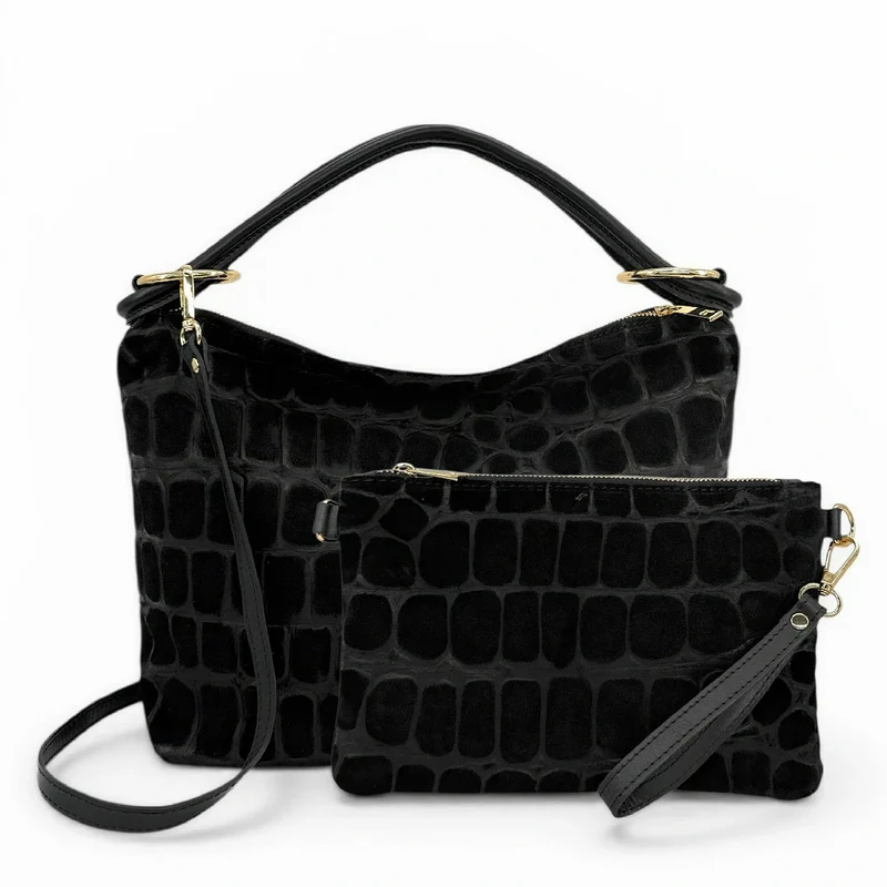 Sac pochette en daim embossé crocodile ZELINE Noir