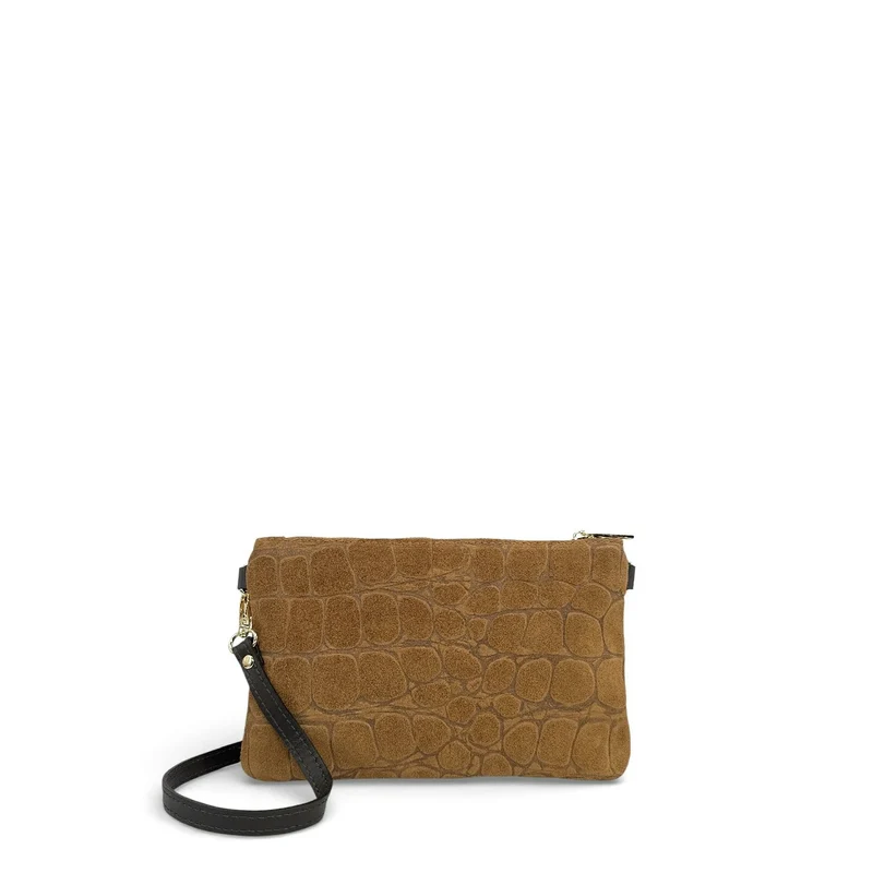 Sac pochette en daim embossé crocodile ZELINE Marron camel foncé